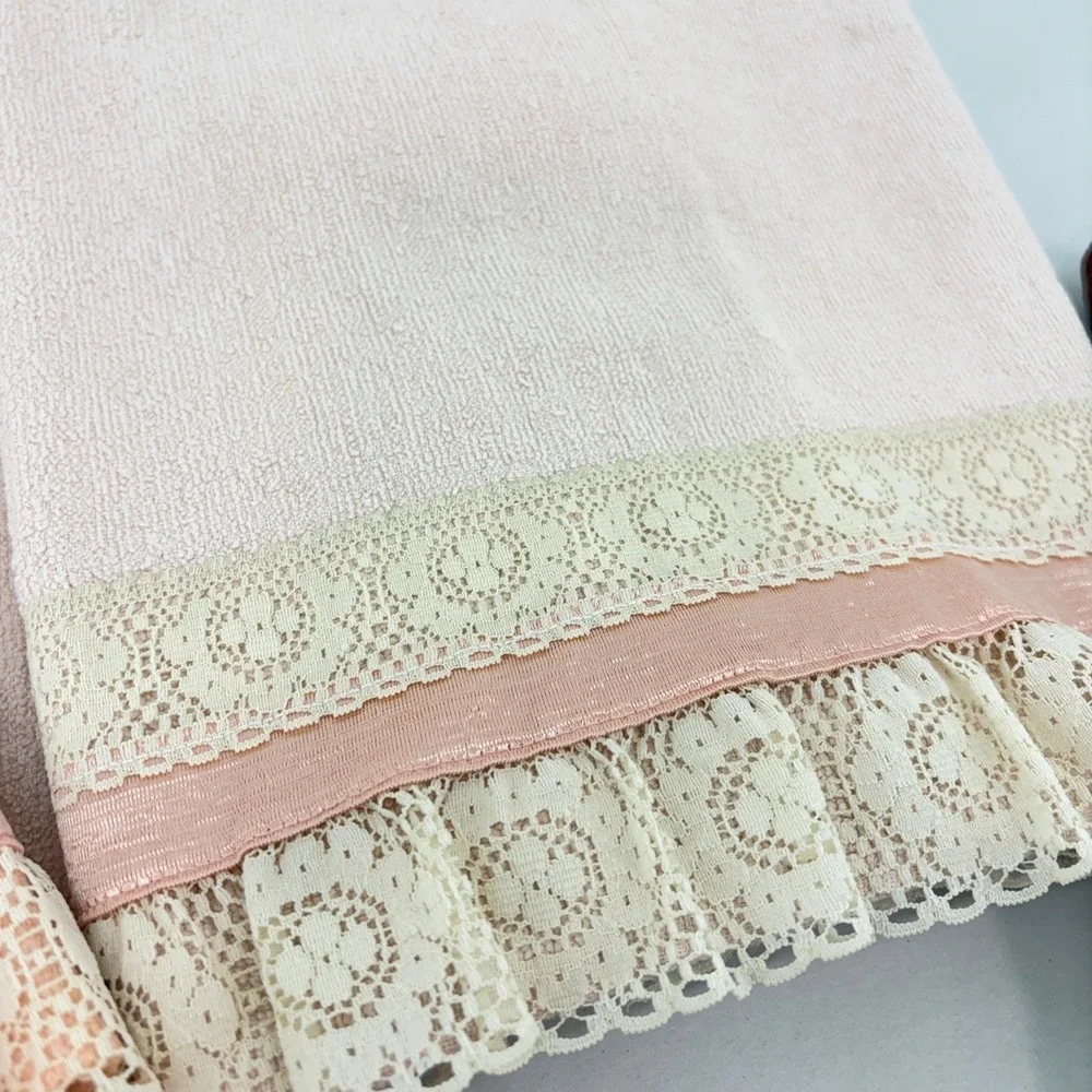 Vintage Martex Cannon Lace Trim Towel Set 5pc Pink Brown Cotton Cottage Coquette